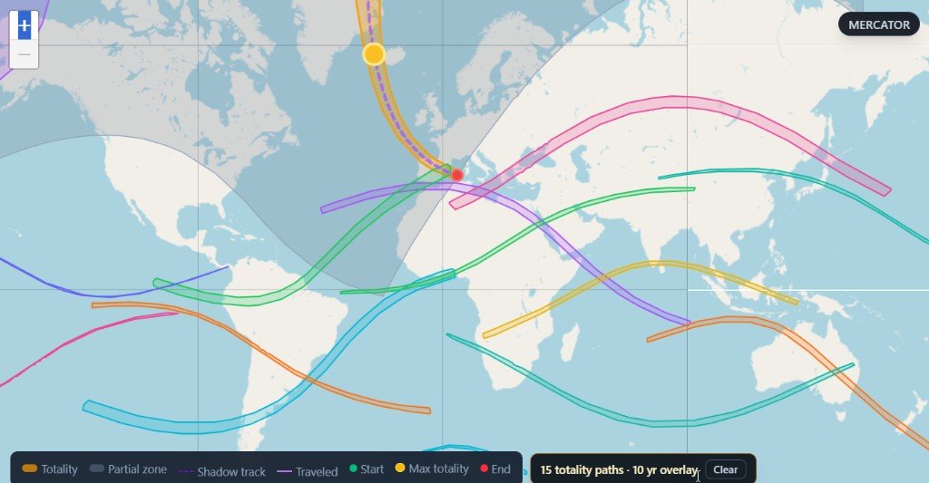 Solar Eclipse Planner map with ten-year totality path overlay