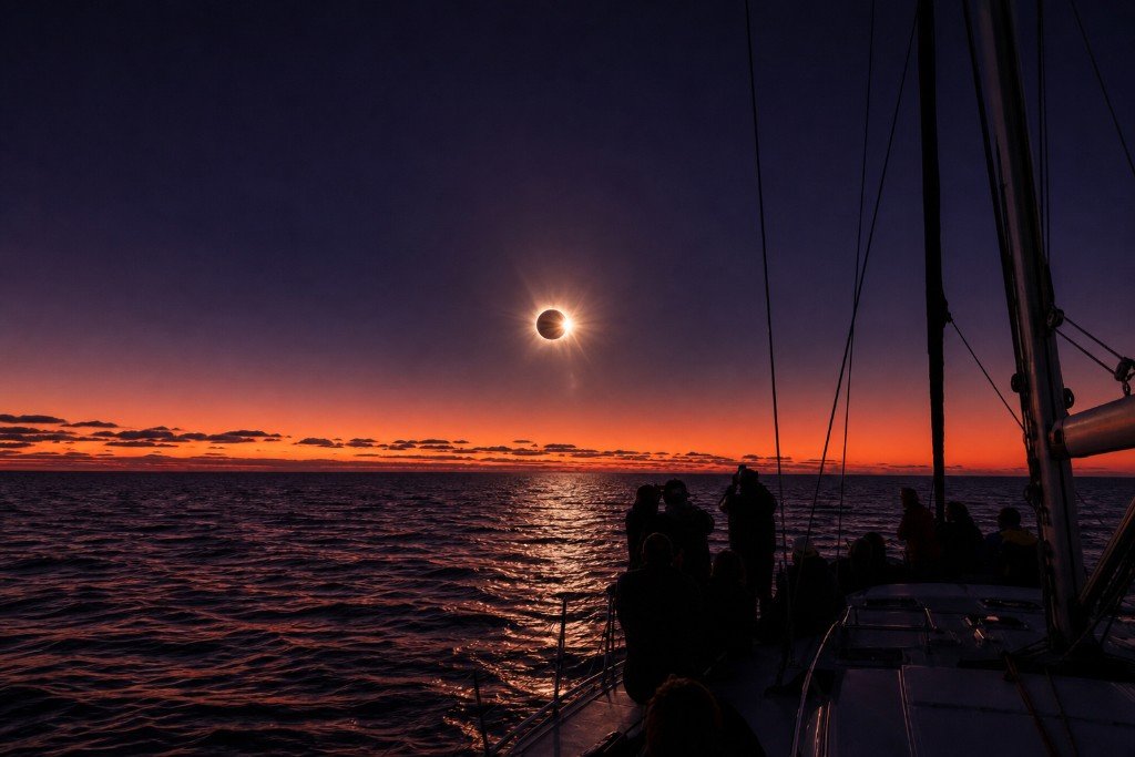 Total solar eclipse viewed from the deck of a sailboat at sea. Observers in silhouette watch the black disk of the Moon covering the Sun, with the diamond ring of sunlight on one edge, the corona glowing around it, and a deep orange sunset band along the horizon under a dark twilight sky.
