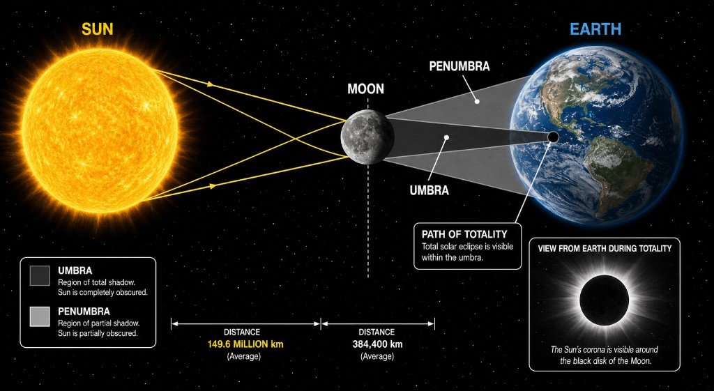 Diagram of a solar eclipse showing the Sun, Moon, and Earth aligned. Yellow light rays from the Sun are blocked by the Moon, casting a dark umbra cone and wider penumbra onto Earth, with the path of totality marked where the umbra meets the surface.
