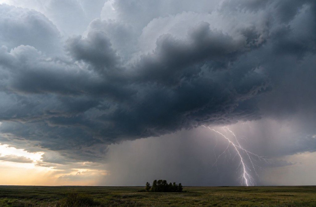 A vast prairie under a dark shelf cloud with lightning striking the horizon and heavy rain falling — weather too hostile for eclipse viewing.