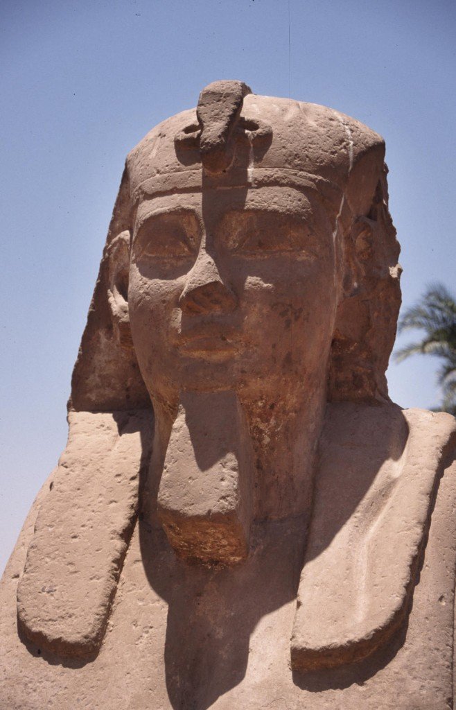 Close view of an ancient Egyptian sphinx statue with nemes headdress and ceremonial beard against a blue sky.