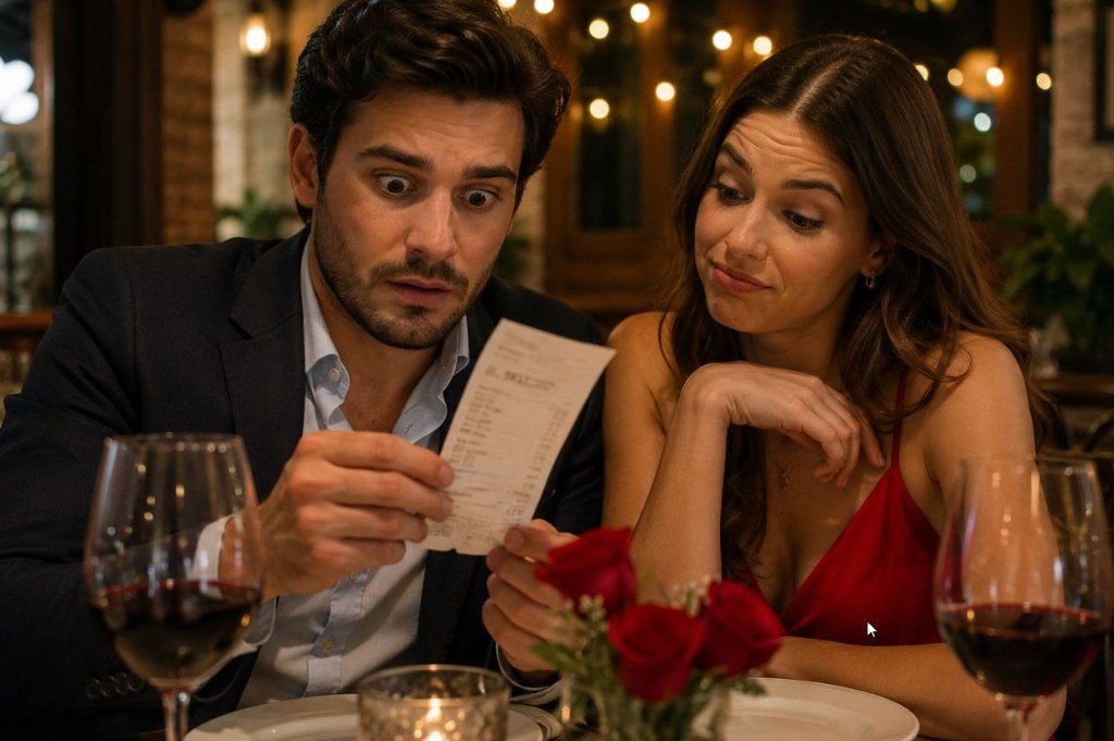 A couple at a candlelit restaurant table react with shock and amusement as the man reads a long dinner bill.